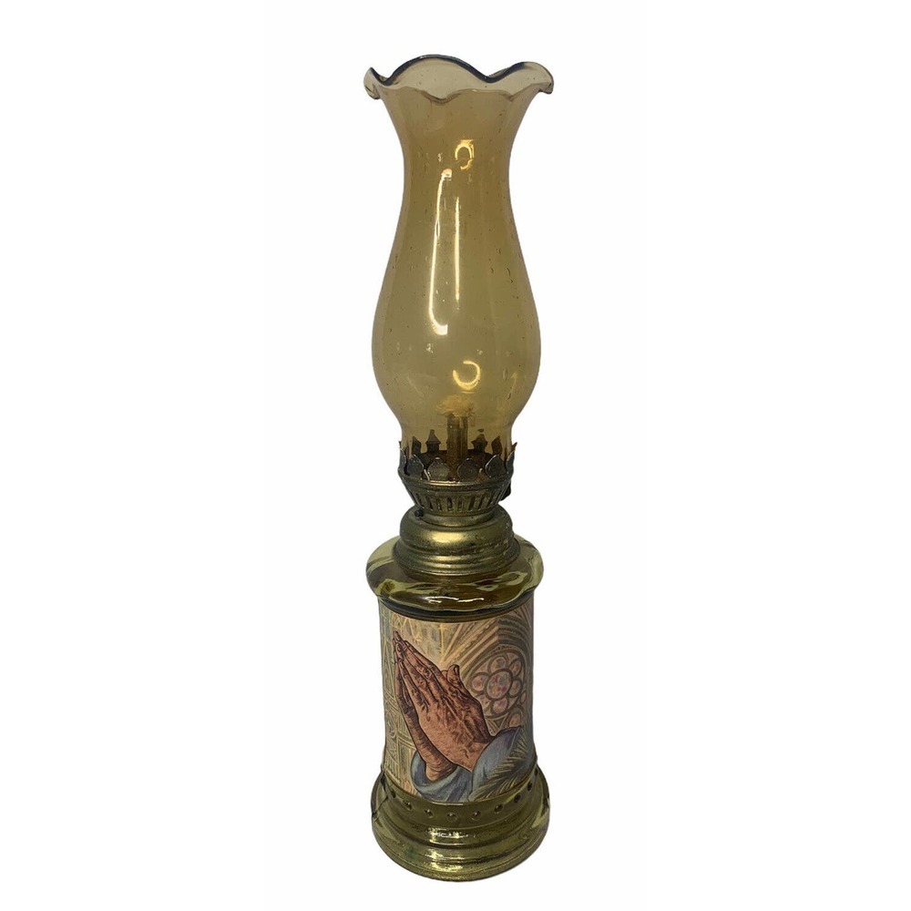 Vintage Chap Stick Co Amber Bottle Oil Lamp Religious Praying Hands Hong Kong 9"